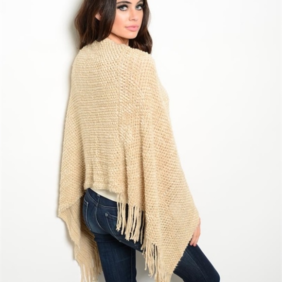 Beige Soft Fringe Poncho Caplet One Size - Picture 2 of 6